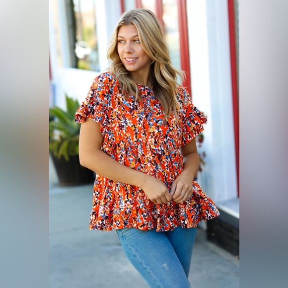 Rust & Chocolate Floral Frill Ruffle Hem Tiered Swing Top - Picture 1 of 11